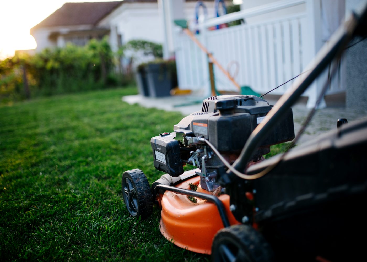 Lawn mower cutting grass close up